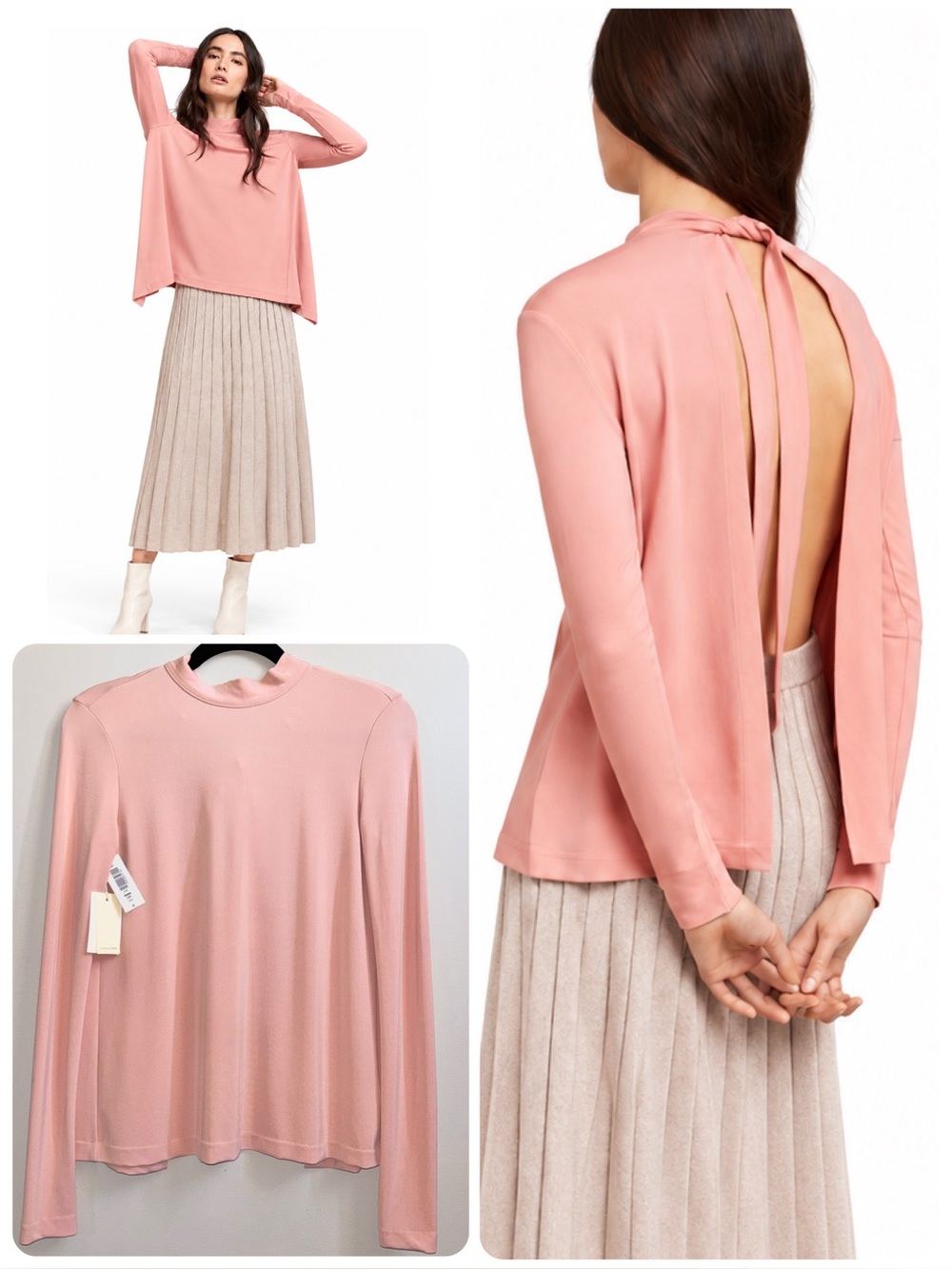 NWT Aritzia WILFRED Chatoyer Blouse Open Split Tie Back Shirt Pink Salmao Sz XS